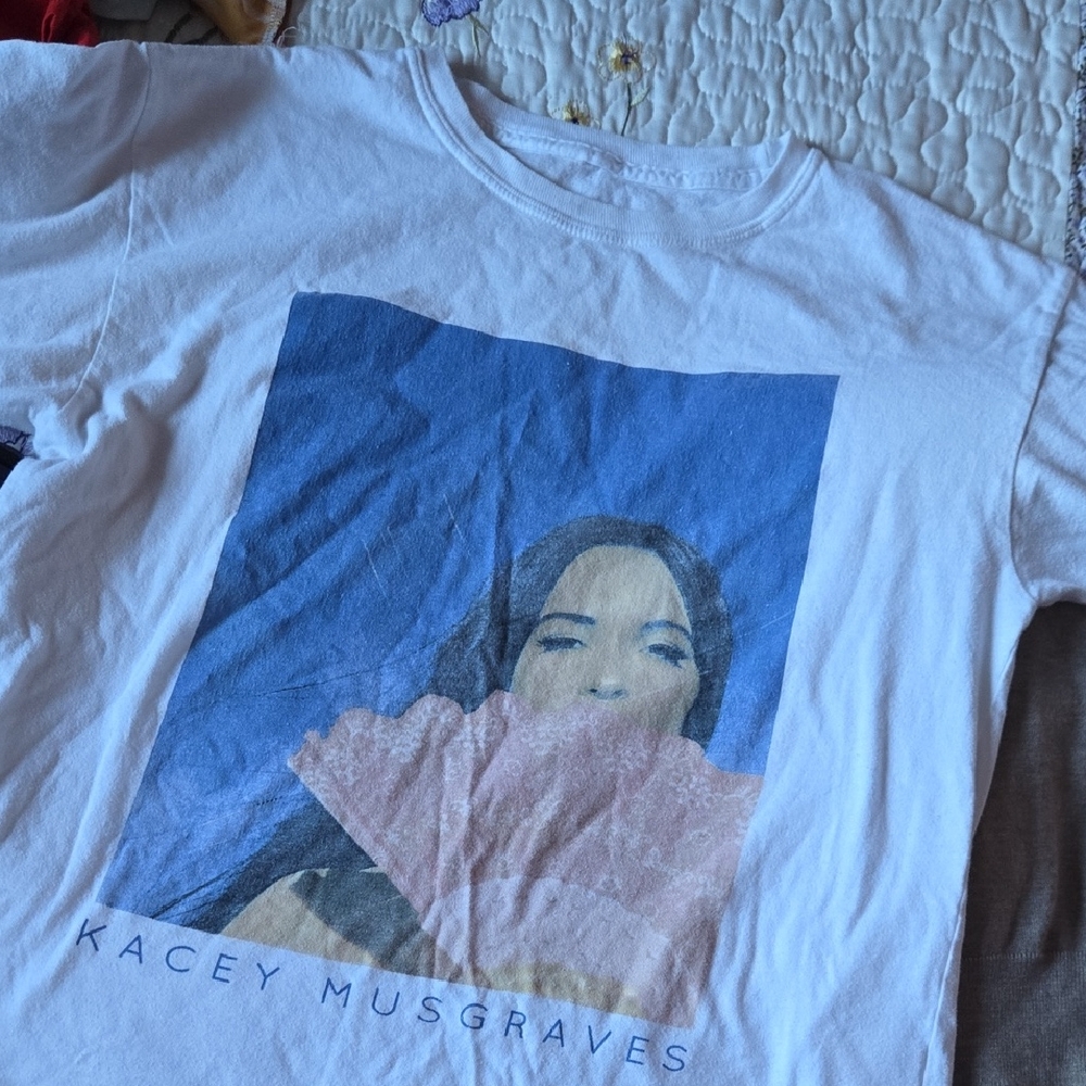 White Graphic Tee with Blue and Pink Design